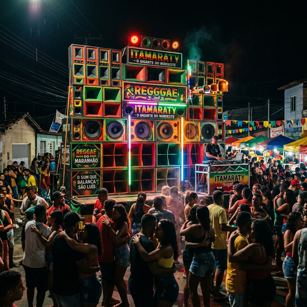 Radiola de reggae em São Luís — paredão de caixas de som com iluminação noturna